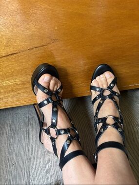 Black Strappy Studded High-Heel Sandals - Women